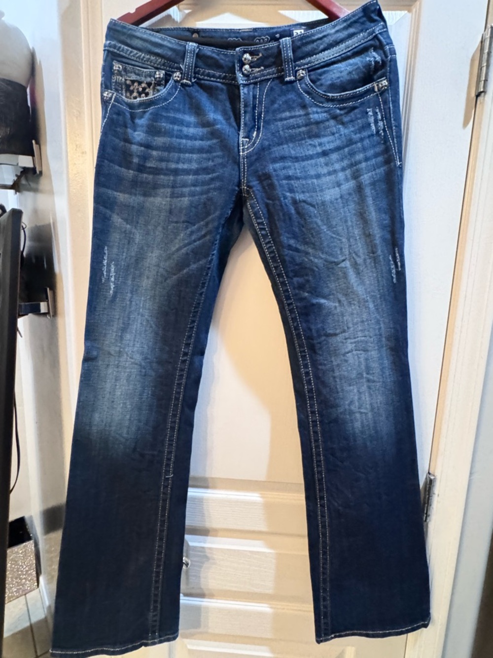 Miss Me Dark Blue Bootcut Jeans with Faded Whiskering